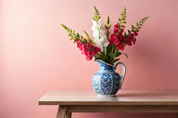 Snapdragon vase arrangement on a light pink background