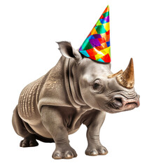 Grumpy rhino with a party hat isolated on a transparant background, clipart for printing and presentations