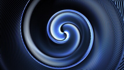 3d render. Abstract dark background with curved lines like tubes twisted in helix and blue neon light running on tubes. Round composition. Abstract spiral.