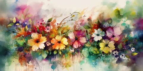 Watercolor painting of colorful flowers. Artwork, poster design. Generative Ai illustration