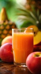 Fototapeta premium Close up of a Glass of Juice of Peach, Tropical and Exotic Athmosphere, Studio Photography, Commercial Shot. Generative AI.