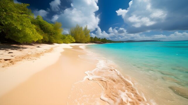 Beachside serenade, idyllic tropical beach, sunlit palms, and melodic waves