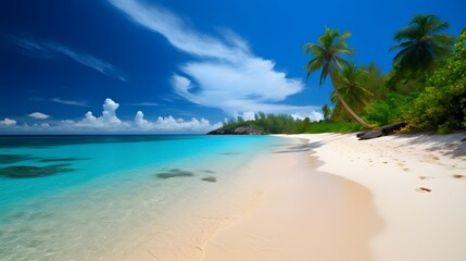 Naklejka premium Tropical escape, idyllic sandy beach, lush palm trees, and dreamy seascapes