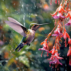 Obraz premium hovering hummingbird feeding on a flower on a rainy day
