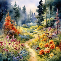 watercolor autumn forest in the morning with colorful flowers and a winding path