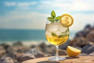 A glass of lemonade sitting on top of a rock. Generative AI. Hugo spritz coctail or mocktail.