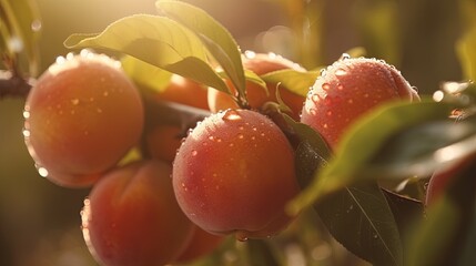 Macro Shot of some Peaches attached to the Tree, Soffuse Lighting, Some Water Droplets over the Fruits. Generative AI.