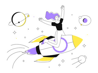 Woman flying on rocket line concept