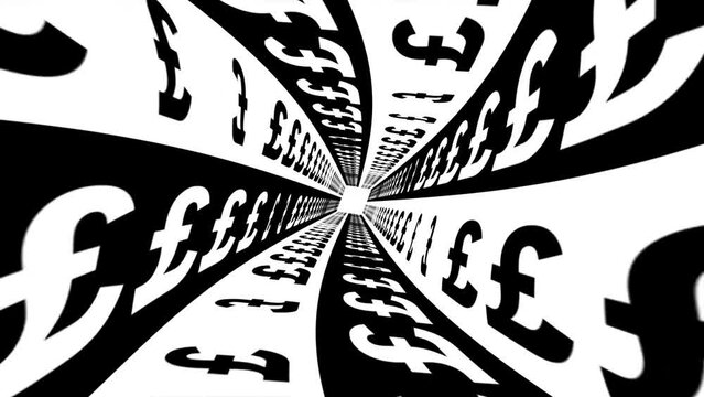 Pound Sign Money Currency Background Animation, 3D Typography Twisting Tunnel