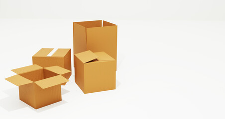 3D Rendered cart boxes on the side of the banner with free white space. Shipment boxes open with free space