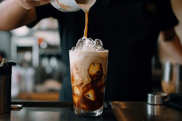  Iced cafe latte being prepared in a café - obrazy, fototapety, plakaty
