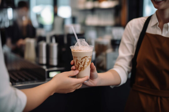 Midsection of barista serving iced coffee to a customer at a hip café