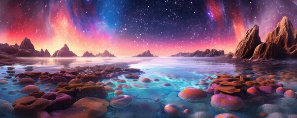 Fototapeta na wymiar Rocks in the sky illuminated by dazzling colored lights, a celestial spectacle.