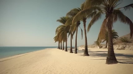 Fotobehang Palmy Trees Adorn a Sandy Beach, Creating a Lush and Exotic Getaway of Sun, Sand, and Azure Waters © Ranya Art Studio