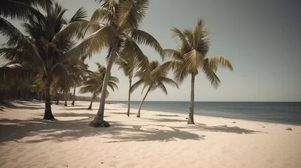 Gordijnen Palmy Trees and Sandy Beach Harmonize in a Visual Symphony of Sun, Sand, and Sea © Ranya Art Studio