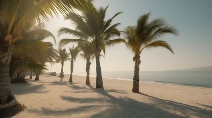 Fotobehang Palmy Trees and a Sandy Beach Bathed in Golden Sunlight © Ranya Art Studio