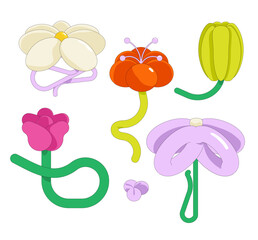 Cute cartoon flowers. Floral organic chamomile forms a cloudy star and other elements in a trendy playful brutal style. Vector illustration isolated on white background.