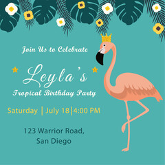 Birthday invitation card with flamingo, tropical leaves, flowers and editable text.