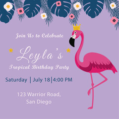 Birthday invitation card with flamingo, tropical leaves, flowers and editable text.