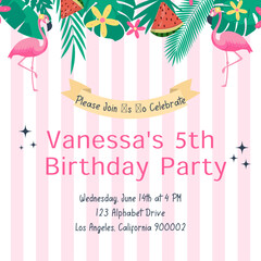 Birthday party invitation card with flamingo and tropical leaves and flowers. © Anya