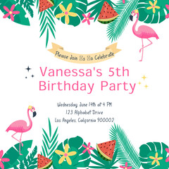 Birthday party invitation card with flamingo and tropical leaves and flowers. © Anya