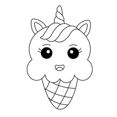 Cute Unicorn Ice Cream Coloring Page. Little Unicorn In A Waffle Cone Cartoon. Vector illustration.