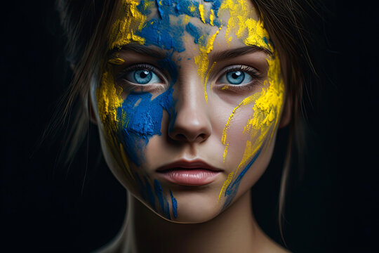 Portrait of a beautiful girl with painted face in colors of Ukrainian flag. Ai Generative image