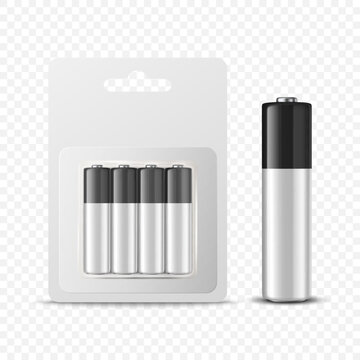 Vector 3d Realistic Four Alkaline Black and White Battery in Paper Blister and Battery Icon Closeup Set Isolated. AA Size, Vertical Position. Design Template for Branding, Mockup. Vector Illustration