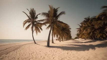 Zelfklevend Fotobehang Palmy Trees Adorn a Sandy Beach, Revealing a True Paradise © Ranya Art Studio