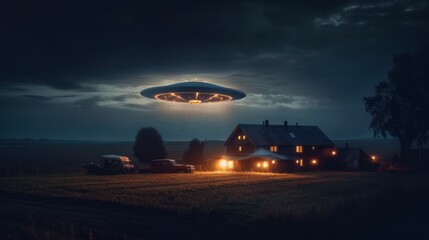 UFO, an alien spaceship with a beam of light hovered above a farmhouse in a field. realistic illustration. Generative AI - obrazy, fototapety, plakaty
