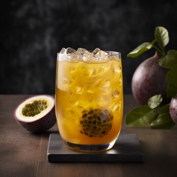 Glass of sweet and tangy passion fruit drink with fresh passion fruit on a table