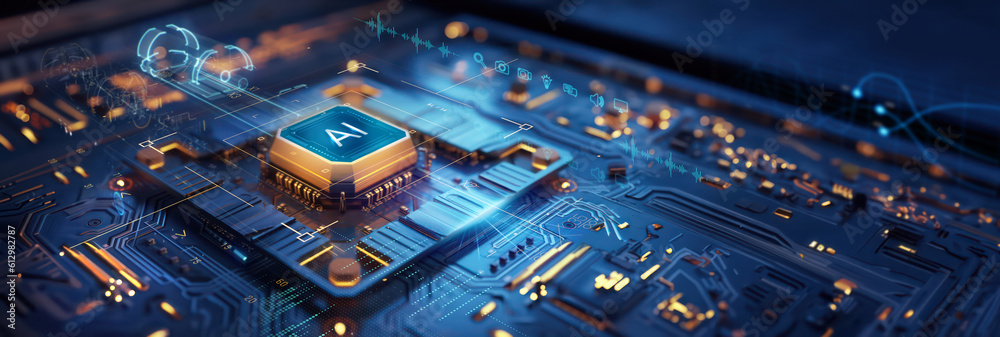 Poster closeup on an advanced microchip or cpu of a powerful computer board with artificial intelligence te