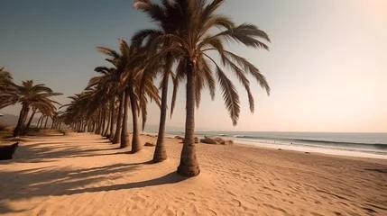 Gordijnen Palmy Trees and a Sandy Beach Sing a Melody of Tranquility © Ranya Art Studio