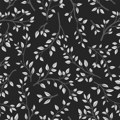 Vector Black and White Seamless Pattern with Tree Brunches. Flat Cartoon Twig with Floral Leaves. Spring, Summer Design - Leaves, Brunches, Plants, Herbs. Vector Illustration