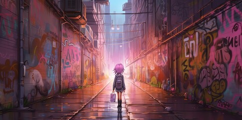 Anime girl with pink hair on vibrant, colorful streets, a whimsical journey