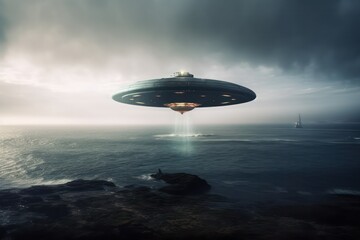 Naklejka na ściany i meble UFO, an alien spaceship with a blue beam of light, hovered over the surface of the water. realistic illustration. Generative AI