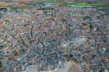 Aerial view of the group of old historic windmills in Campo de Criptana, Spain