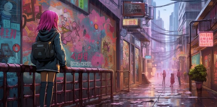 Anime girl with pink hair on vibrant, colorful streets, a whimsical journey