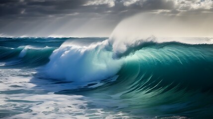 Ethereal shores, breathtaking wave moments with heavenly clouds and serene foam