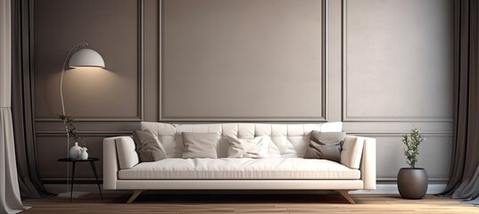 White sofa with pillows against the wall in a cozy living room setup