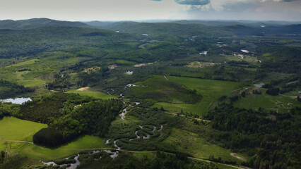 Fototapeta na wymiar Aerial view of a pretty Canadian valley in Quebec in the Lanaudière region