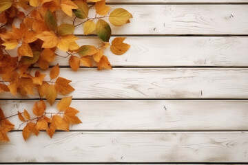 Beautiful foliage, autumn mood, the foliage lies on a white wooden table. AI generative