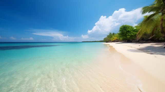 Seashore serenity, tranquil tropical beach, towering palm trees, and serene coastal beauty