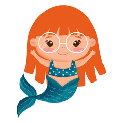 Cute cartoon mermaid with with red hair and glasses for vision on a white background. Trendy kids vector illustration. For card, sticker, poster, game, clothing fabric print, pattern