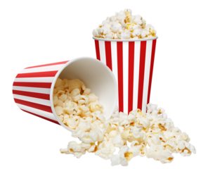Two red striped paper cups with delicious popcorn, cut out