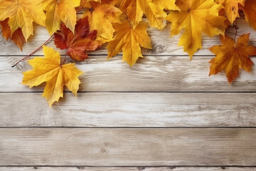 Naklejka na ściany i meble Beautiful foliage, autumn mood, the foliage lies on a white wooden table. AI generative