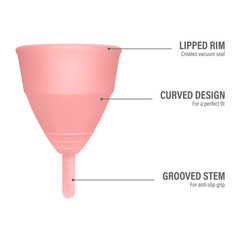 Vector Infographics - Reusable Menstrual Cup Description, Guide. Pink Menstrual, Hygiene Silicone Mooncup Closeup Isolated. Feminine Hygiene, Health Concept. Menstrual Cup Design Template, Banner