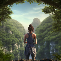 Naklejka na ściany i meble The back of a woman in summer clothes looking at jungle forests and waterfalls. AI generative