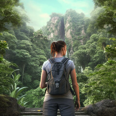 Naklejka premium The back of a woman in summer clothes looking at jungle forests and waterfalls. AI generative