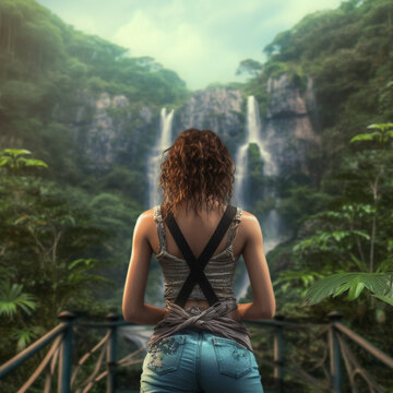 The back of a woman in summer clothes looking at jungle forests and waterfalls. AI generative